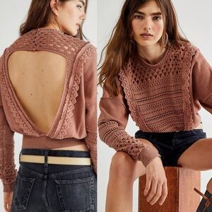 Free People Lace Of Bass Sweater Backless Crochet Ruffle Knit Tan Pink Size XL